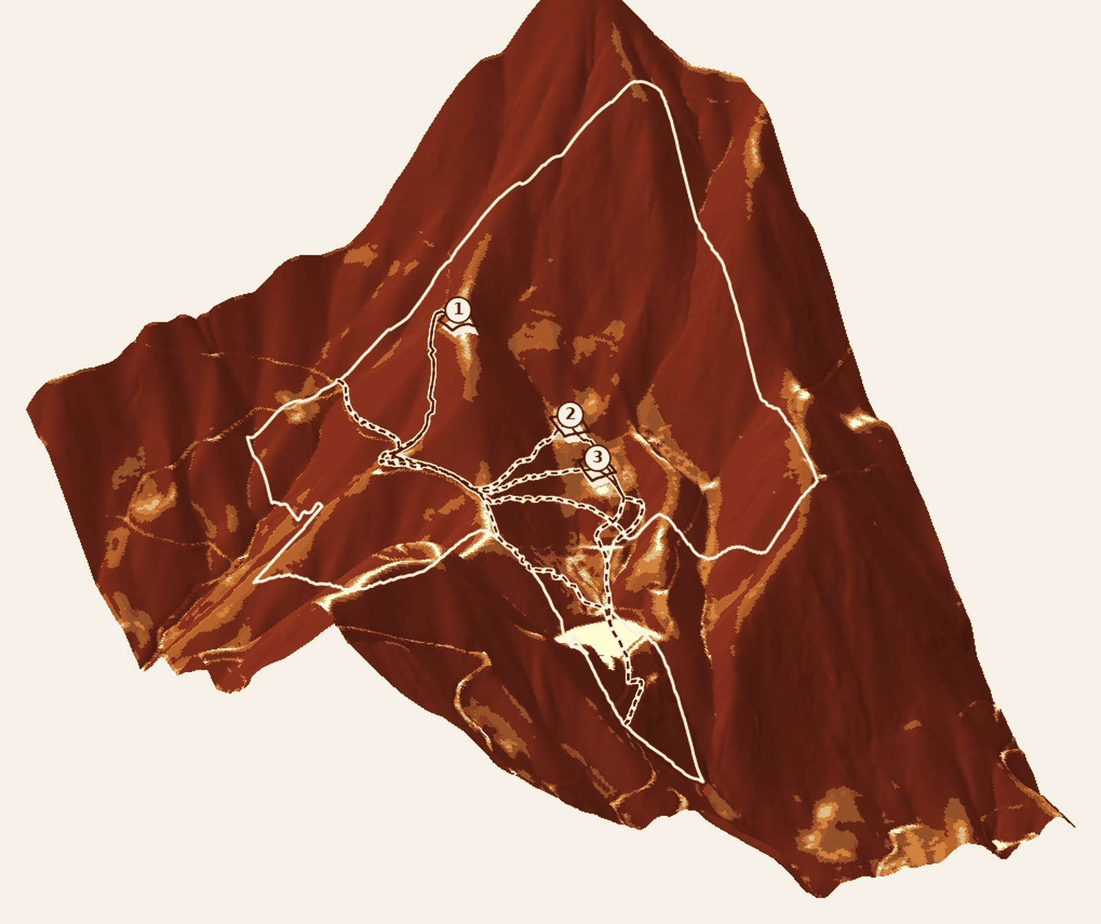 Three-dimensional rendering of the parcel's bare-earth
                terrain, each face colored by its measured slope class —
                pale sand where gentle, deep brick where steep. The parcel
                boundary is draped over the hillside; three numbered candidate
                building pads sit on the gentler benches, with dashed
                corridor routes descending the hillside to reach them.